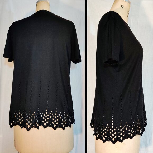 The Kooples Black Short-Sleeved Tee with Eyelet Lace Embroidery Hem - Small EUC - Picture 3 of 6